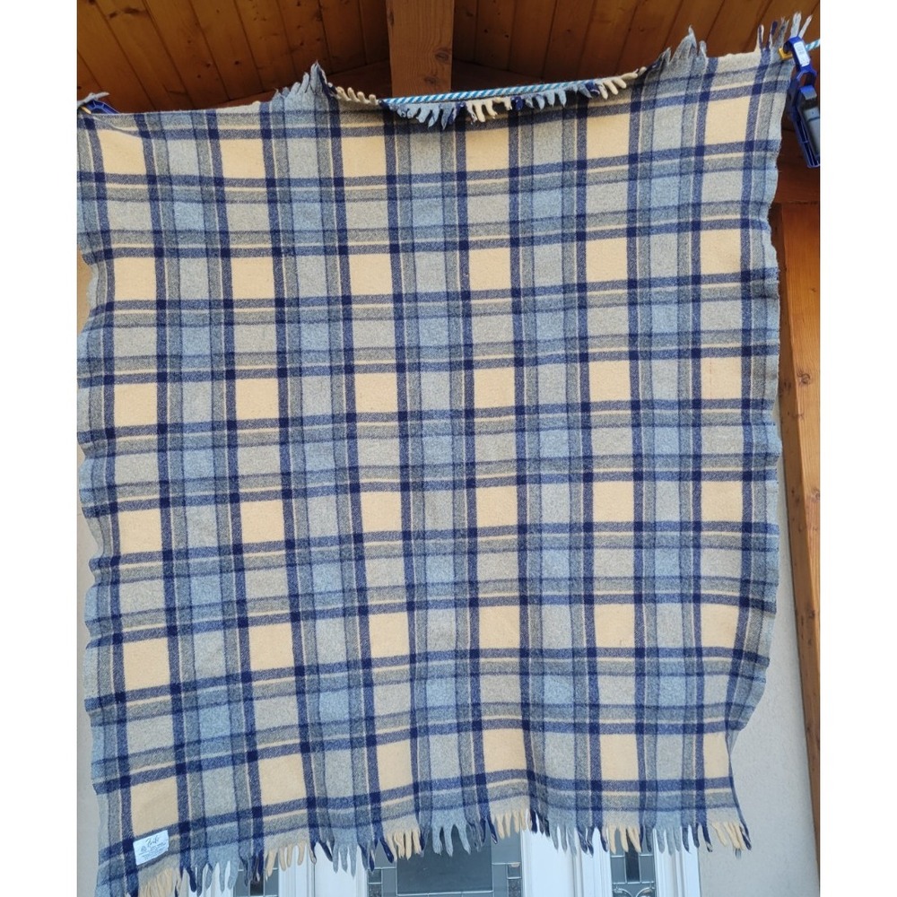 Vintage Faribo Blue Plaid 100% Wool Fringed Stadium Throw Blanket
